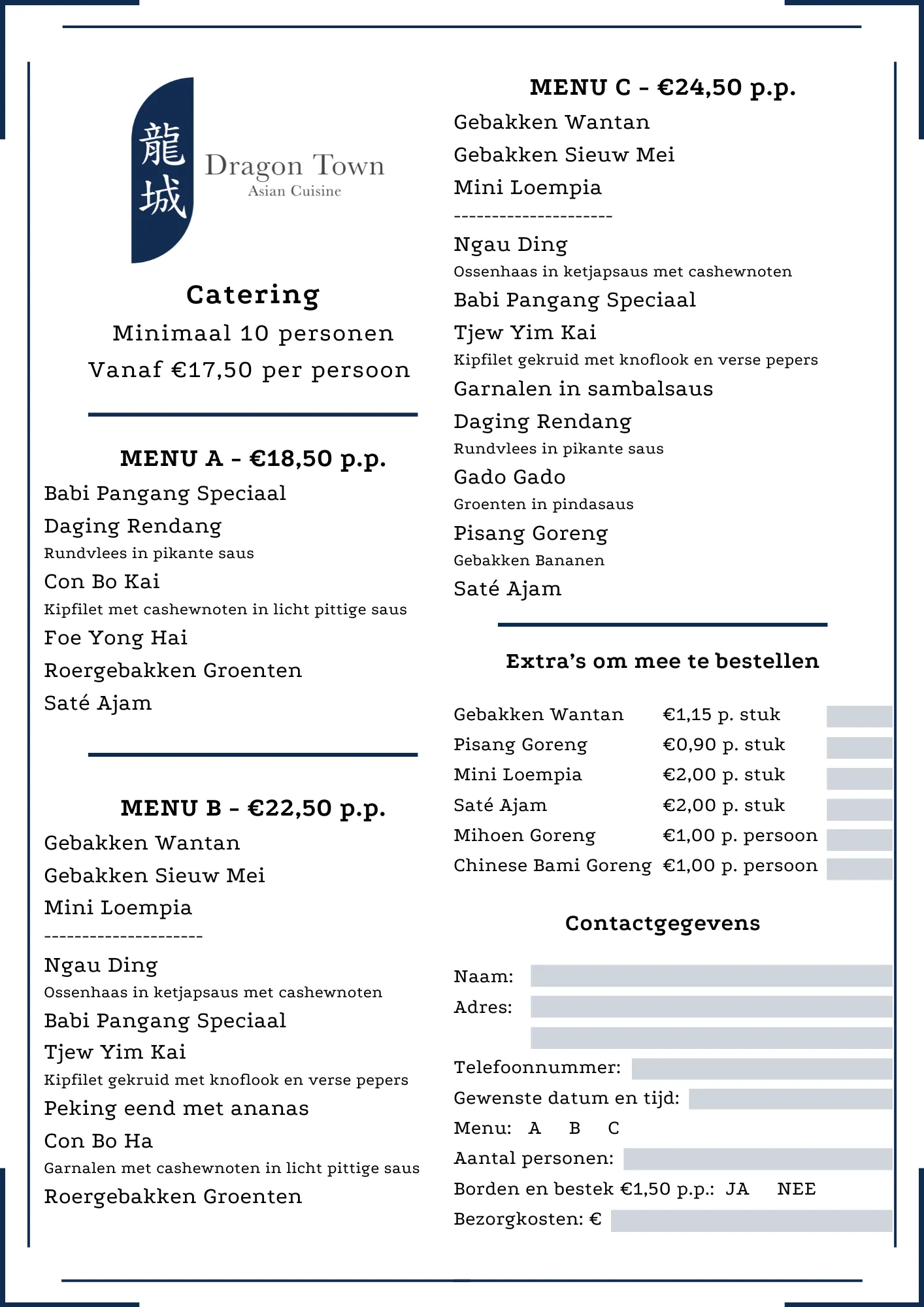 Catering Menu Dragon Town