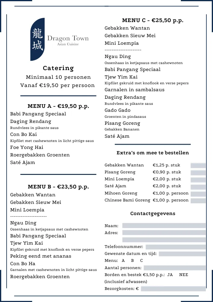 Catering Menu Dragon Town