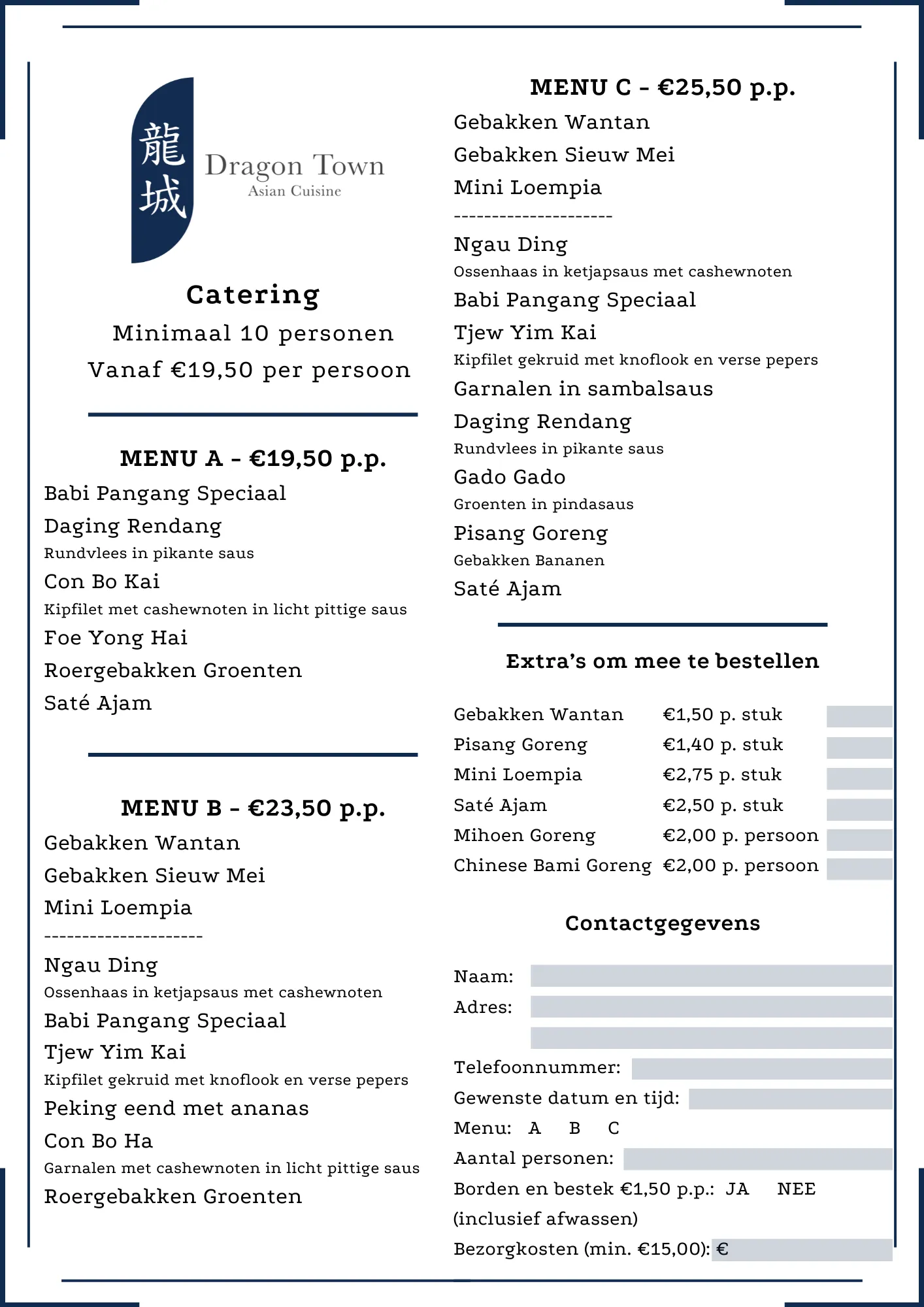 Catering Menu Dragon Town
