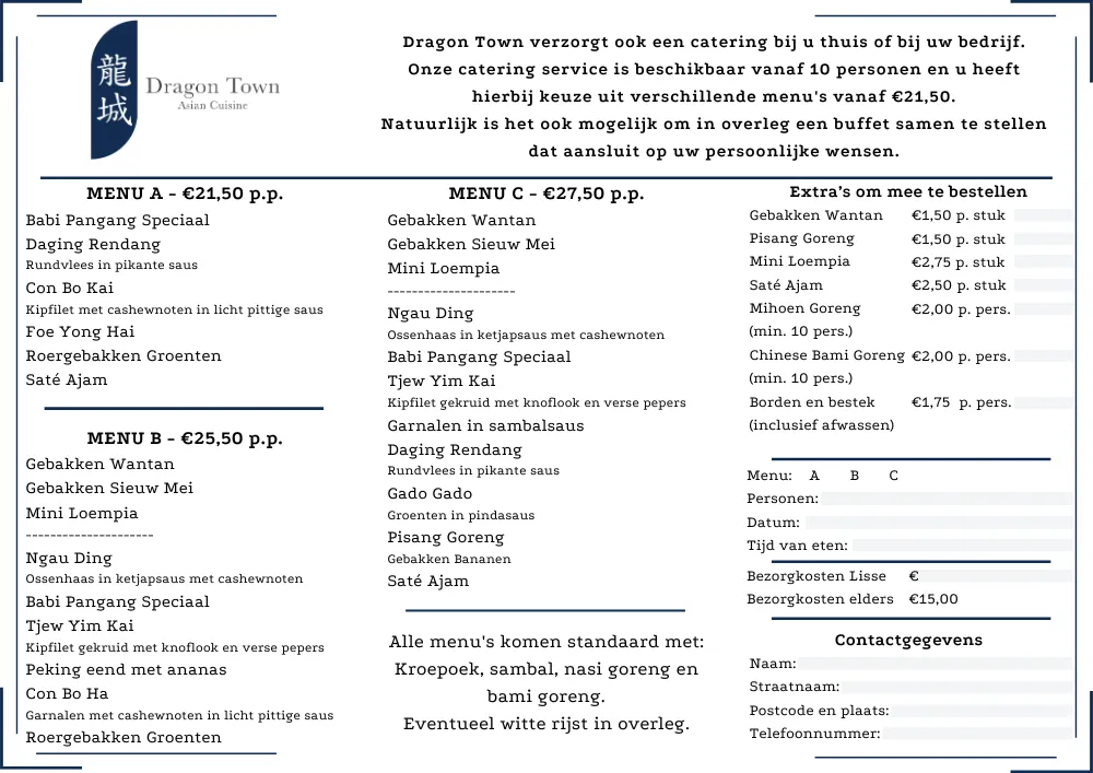 Catering Menu Dragon Town