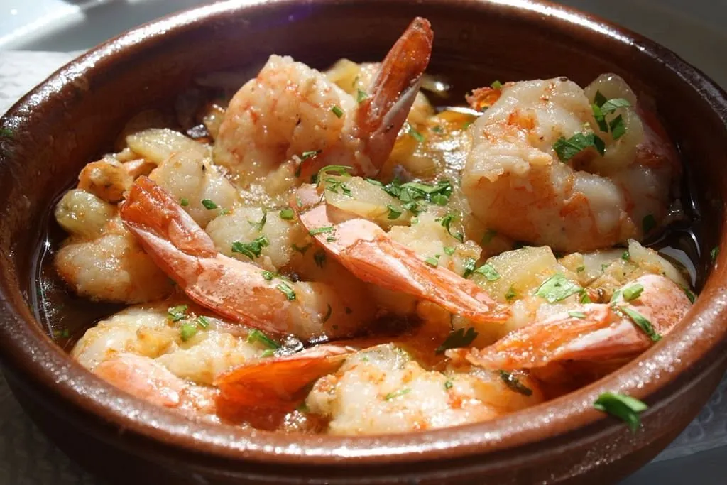 Gambas al ajo met knoflooksaus in een aardewerken schaal
